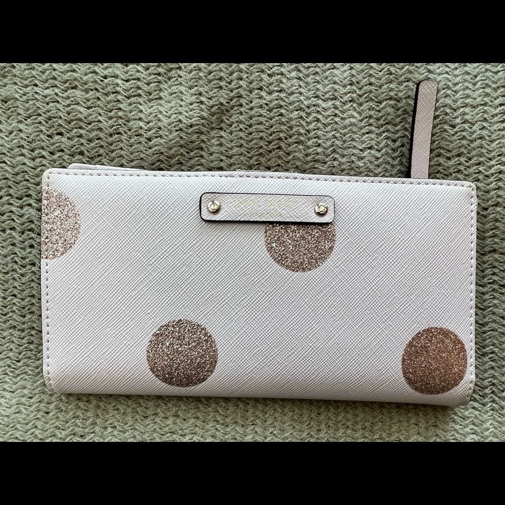 Kate Spade Haven Lane Stacy bifold wallet in pink polka dot glitter